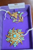 18k Gold Marked 750 & Turquoise Brooch ~13.8g gross, plus Unmarked >9k Gold & Turquoise Pendant