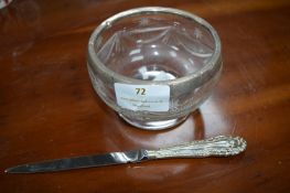 Silver Rimmed Cut Glass Bowl plus Silver Handled Letter Opener