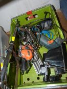 Box of Tools including Mitre Saw, Drill, Sander & Exterior Light