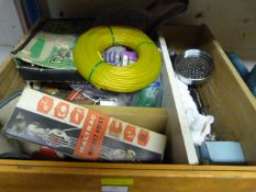 Box of Tools and Accessories Including Midget Hoist, Tacker, etc.