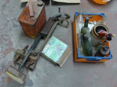 Two Boxes of Vintage Hull Bottles, Blow Lamp, Petrol Can, Marples Plane, etc.