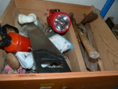 Box of Tools Including Hammers, Files, Oil Can, etc.