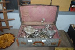 Vintage Suitcase Containing Plated Candlestick etc