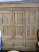 Large Solid Pine Triple Wardrobe with Three Drawer