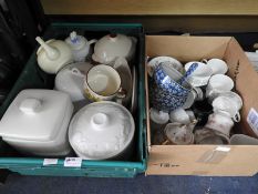 Two Boxes of Pottery Teapots, Cups, Bowls, etc.