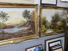 Pair of Gilt Framed Oil on Canvas Country Scenes