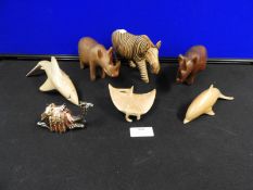 Carved Wooden Animals; Rhinos, Sharks, etc.