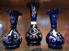 Three Victorian Blue Glass Vases with Hand Painted Decoration