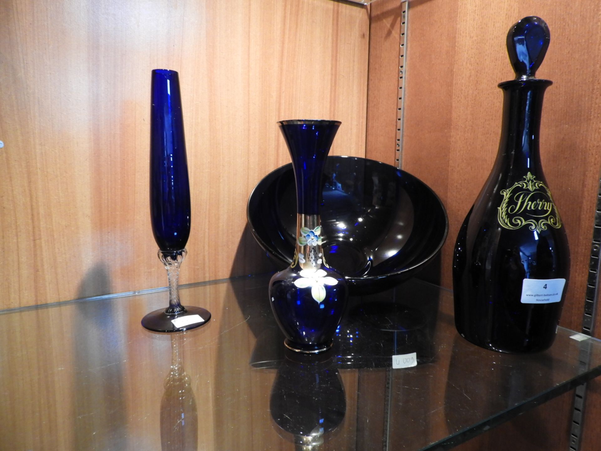 Blue Glass Sherry Decanter, Fruit Bowl and Two Vas