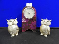 Decorative Mantel Clock and Two Owl Candles