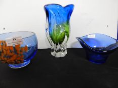 Three Murano Blue Glass Vases & Bowls