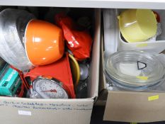 Two Large Boxes of Kitchenware, Scales, Pottery an