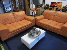 Pair of Leather Two Seat Sofas in Tangerine on Chrome Base