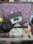 Vintage Suitcase and Contents; 30's Glass Lamp Sha