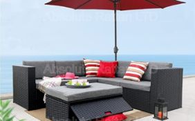 * 3 xBrand New - In Cardboard Boxes - Garden Rattan Furntiure Set. Black Wick with Grey Cushions.