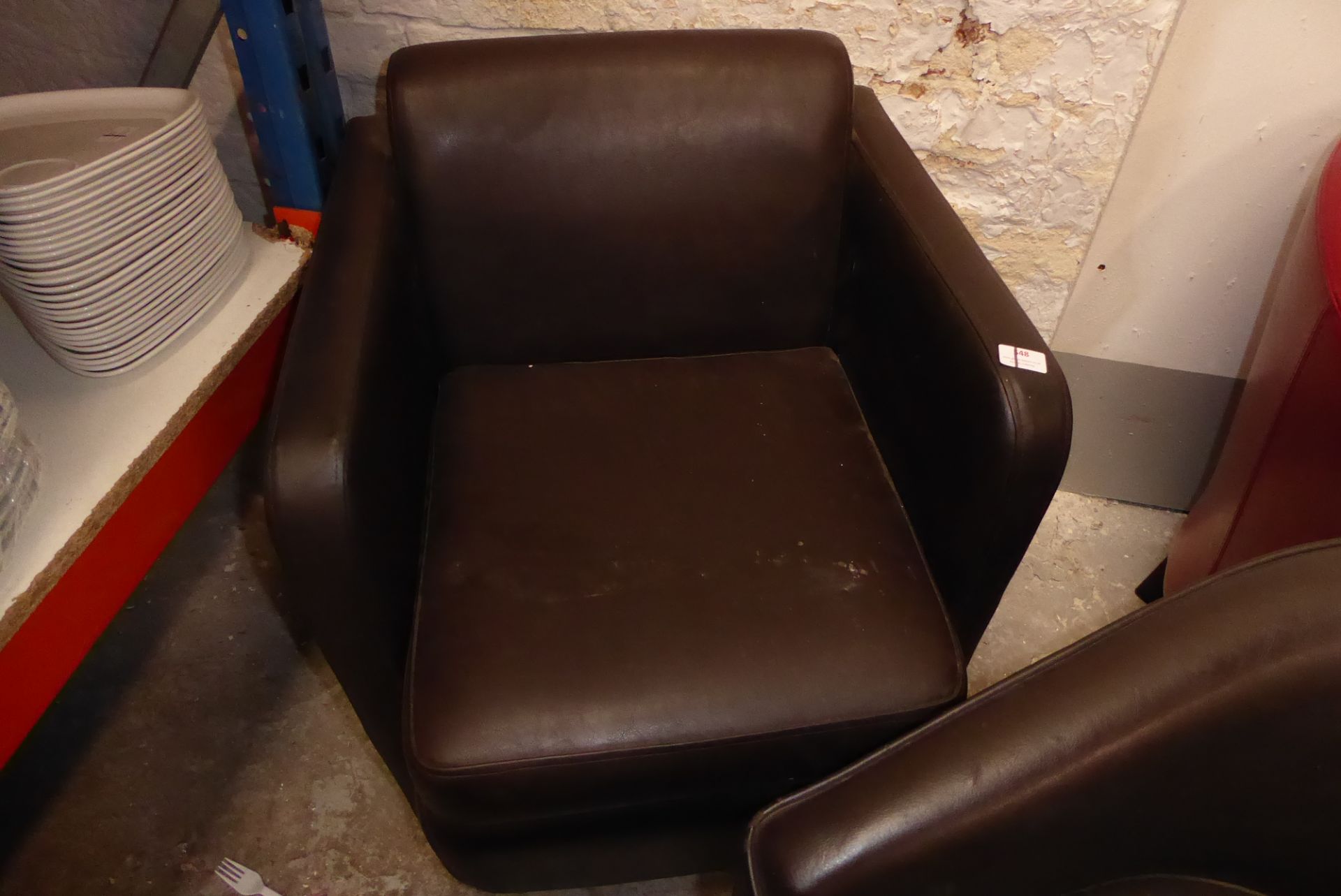 * 2 brown leatherette tub chairs and a poufe - Image 2 of 3