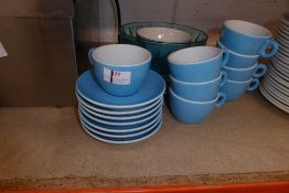 * 8 blue coffee cups with saucers + blue bowl + glass bowl