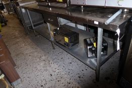 * Large stainless steel-topped table with undershelf and drawer 2500 x 800 x 850