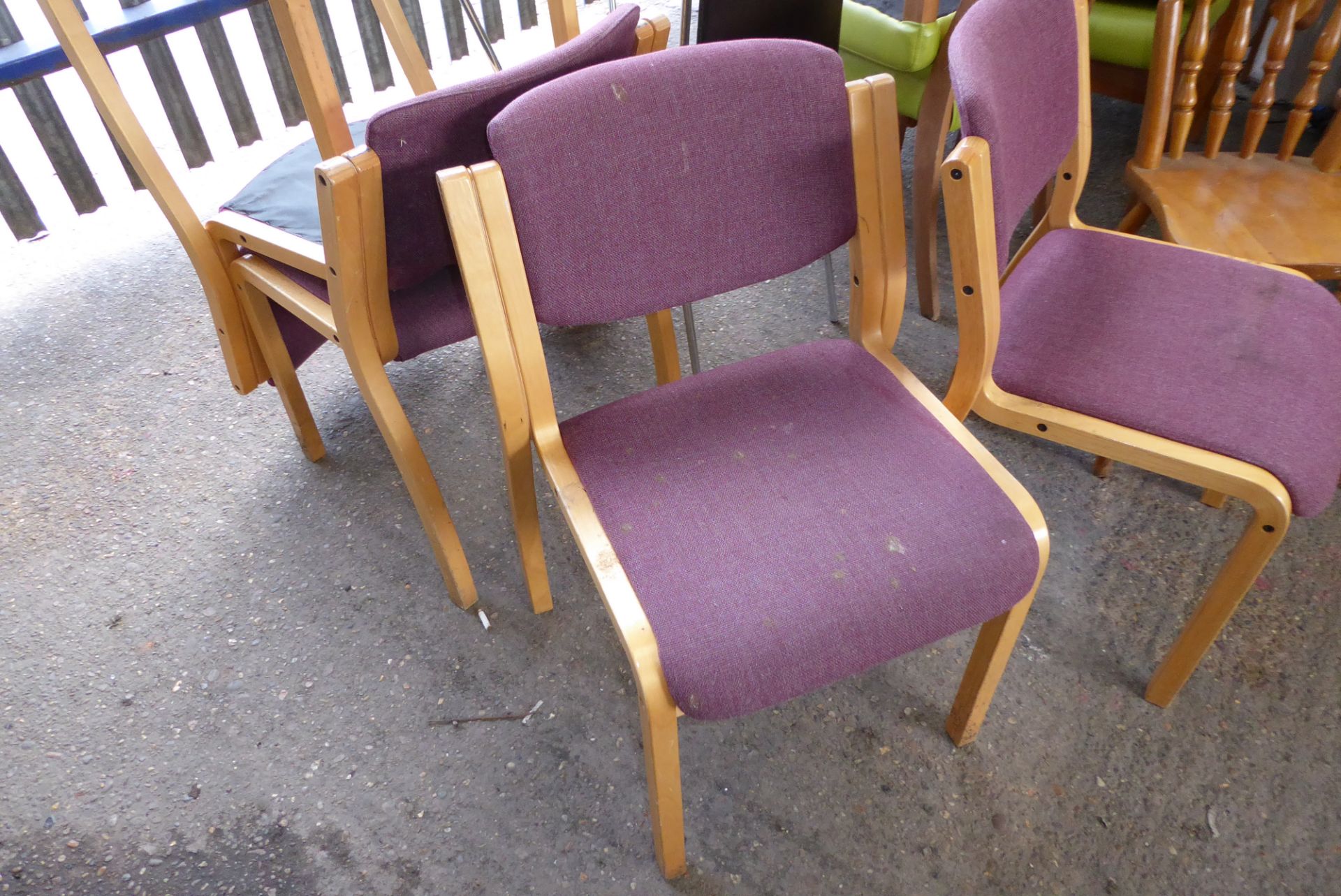 * 4 purple upholstered chairs + 2 brown leatherette stacking chairs