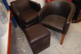 * 2 brown leatherette tub chairs and a poufe