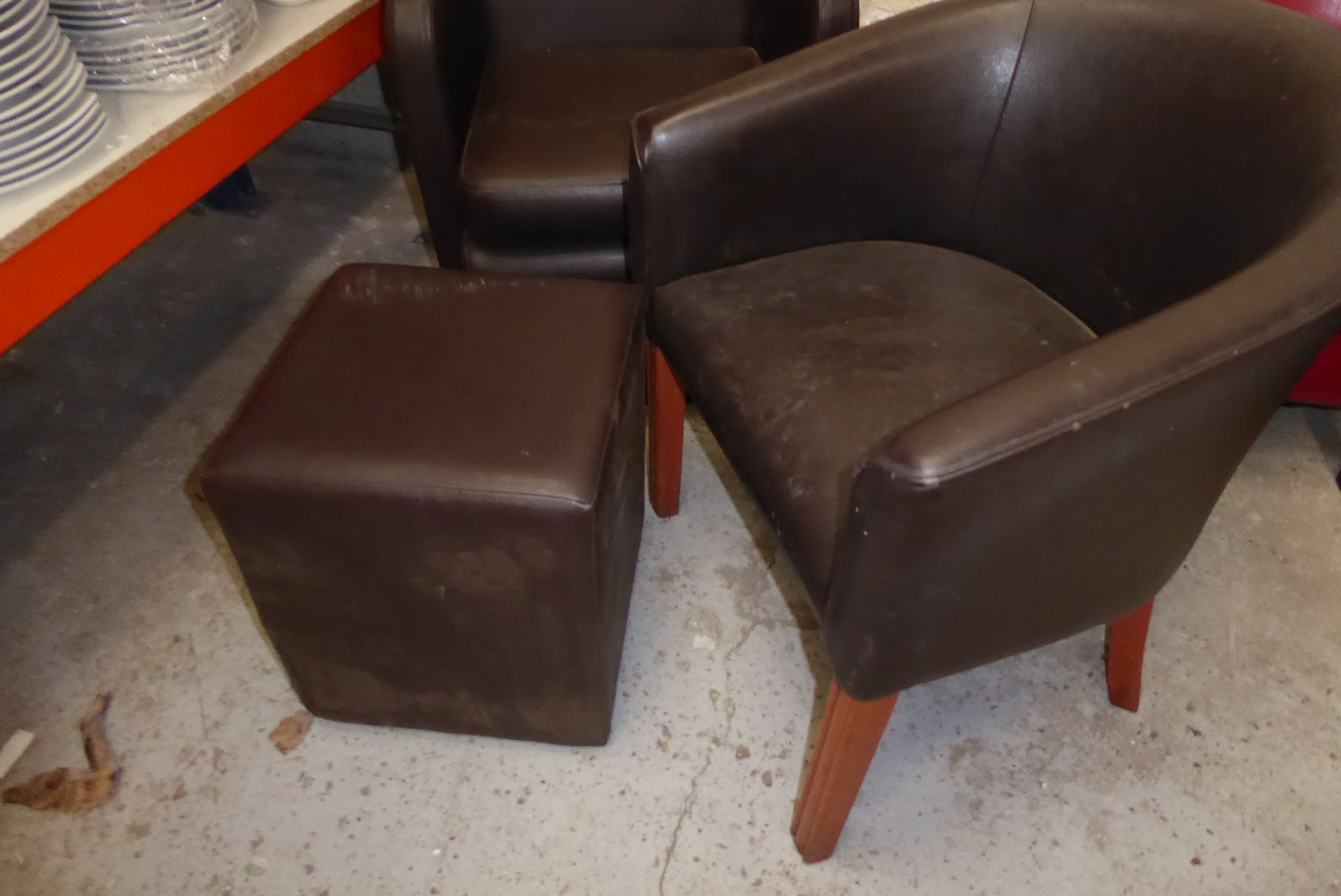 * 2 brown leatherette tub chairs and a poufe - Image 3 of 3