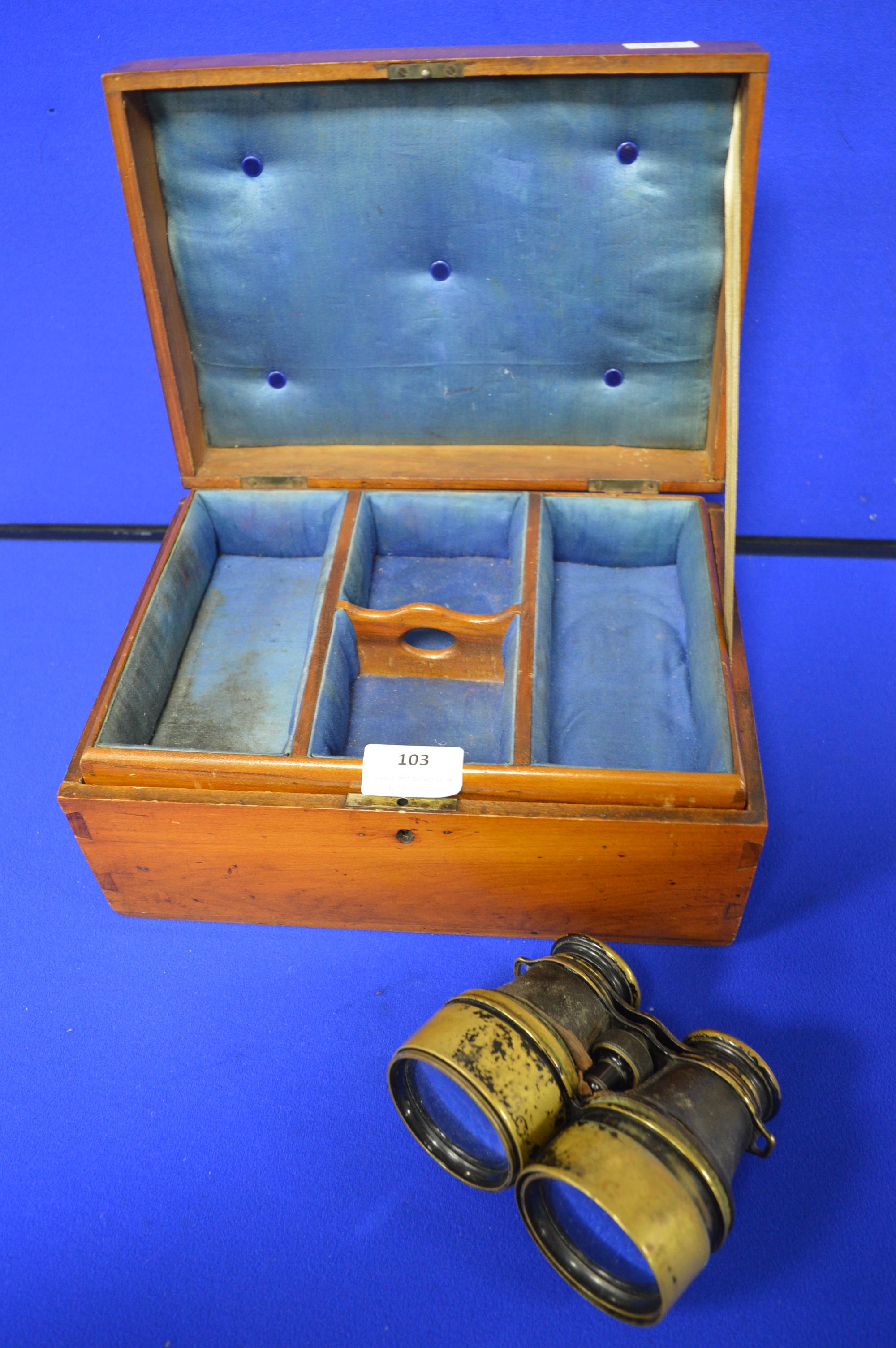 Vintage Sewing Box with Warship Design, plus a Pair of Leather Cased Brass Binoculars