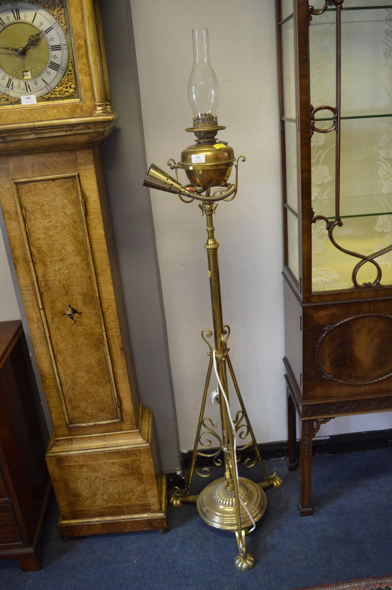 Victorian Brass Standard Lamp with Oil Lamp and Modern Electric Light Attachment