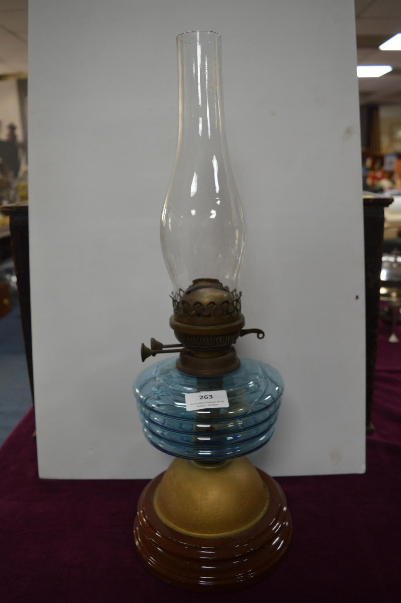 Victorian Oil Lamp with Ceramic Base and Blue Glass Reservoir