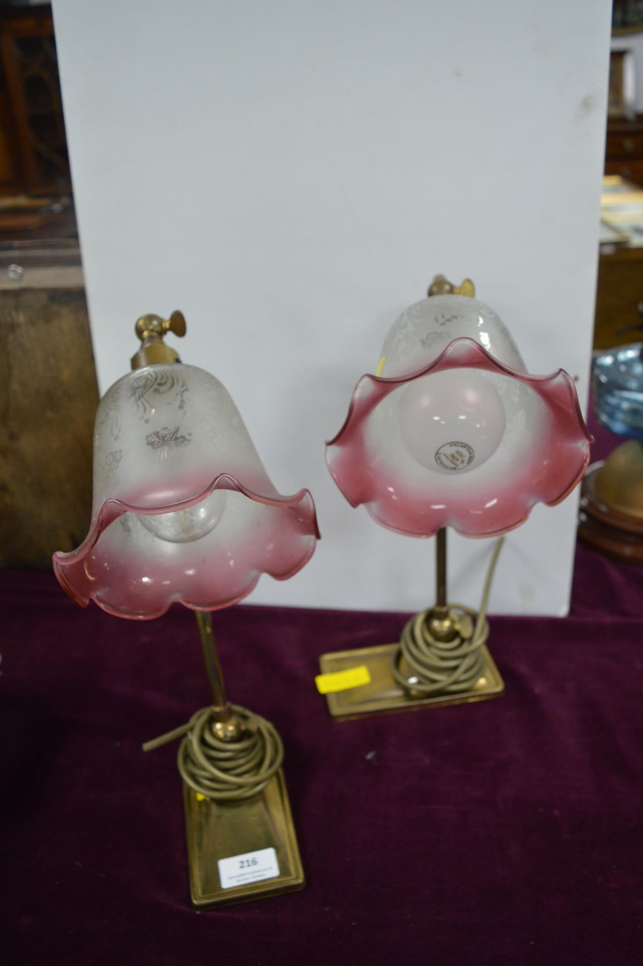 Pair of Christopher Wray Reproduction Brass Wall Lights with Etched Glass Shades - Image 2 of 2