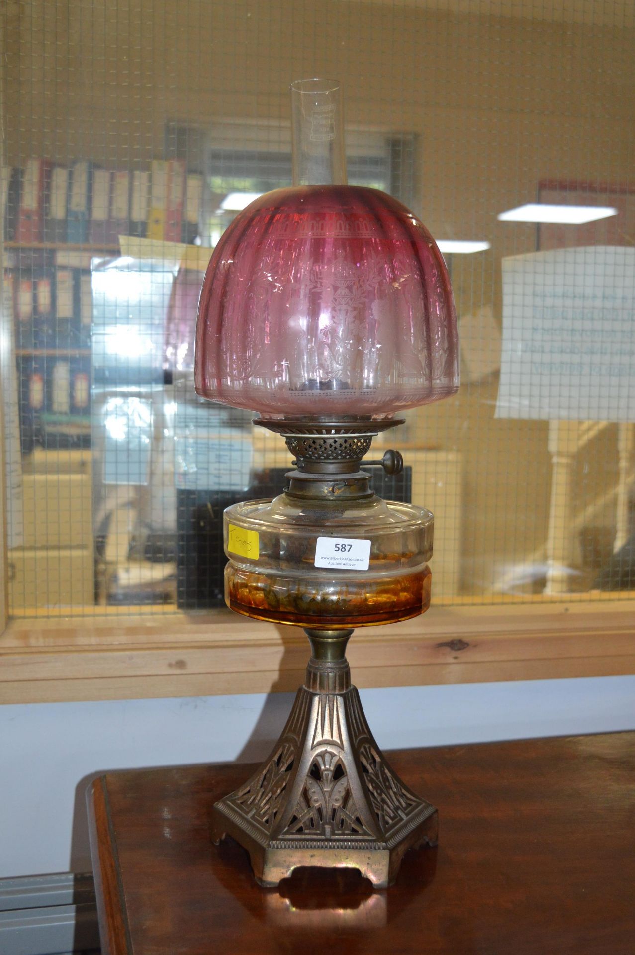 Victorian Oil Lamp with Etched Cranberry Glass Shade