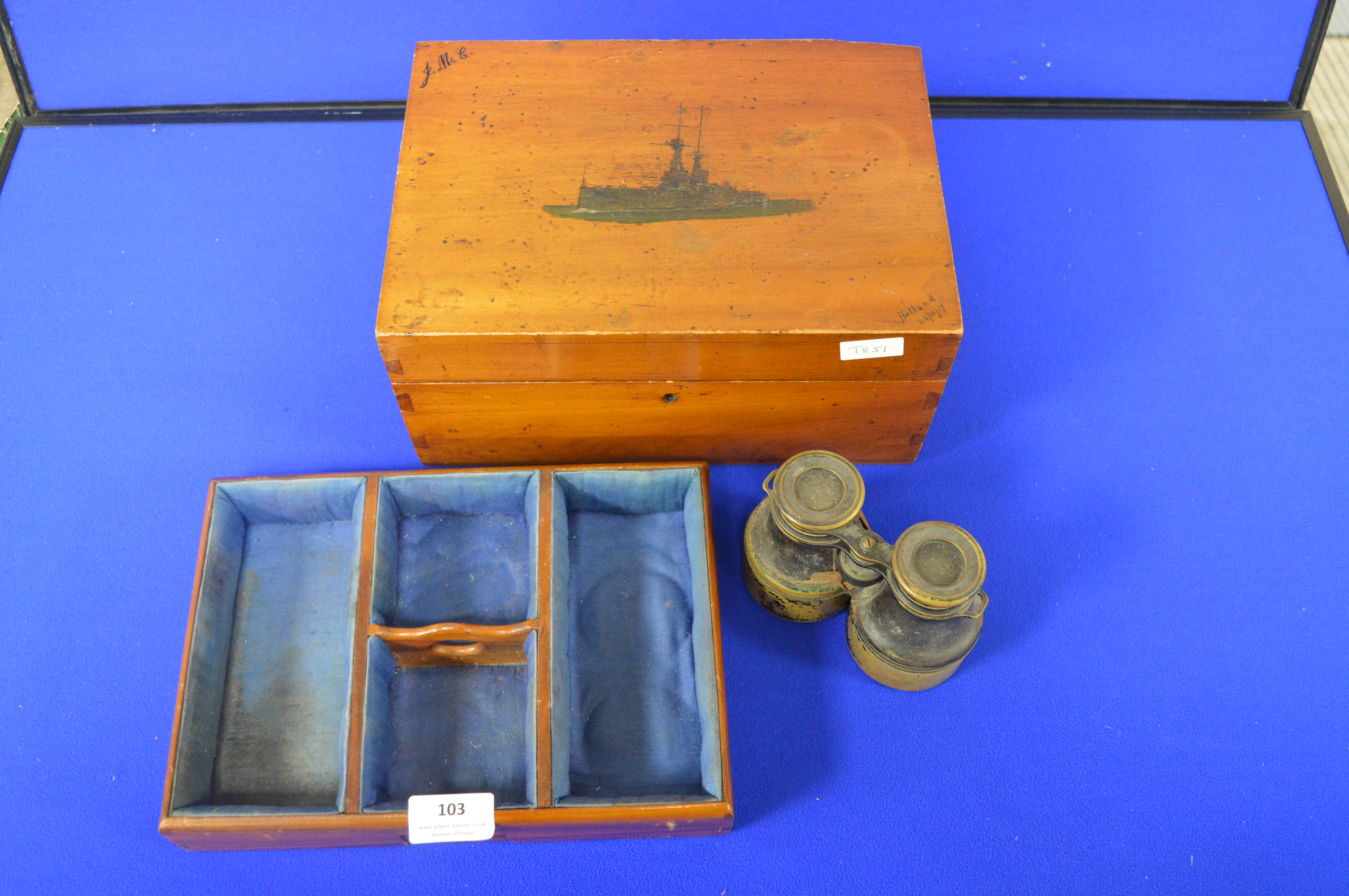 Vintage Sewing Box with Warship Design, plus a Pair of Leather Cased Brass Binoculars - Image 2 of 2