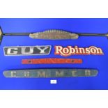 Five Vintage Lorry Nameplates; Commer, Robinson, Guy, Thames, and Atkinson