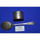 Hallmarked Sterling Silver Napkin Ring plus Silver Spoon and Sifter