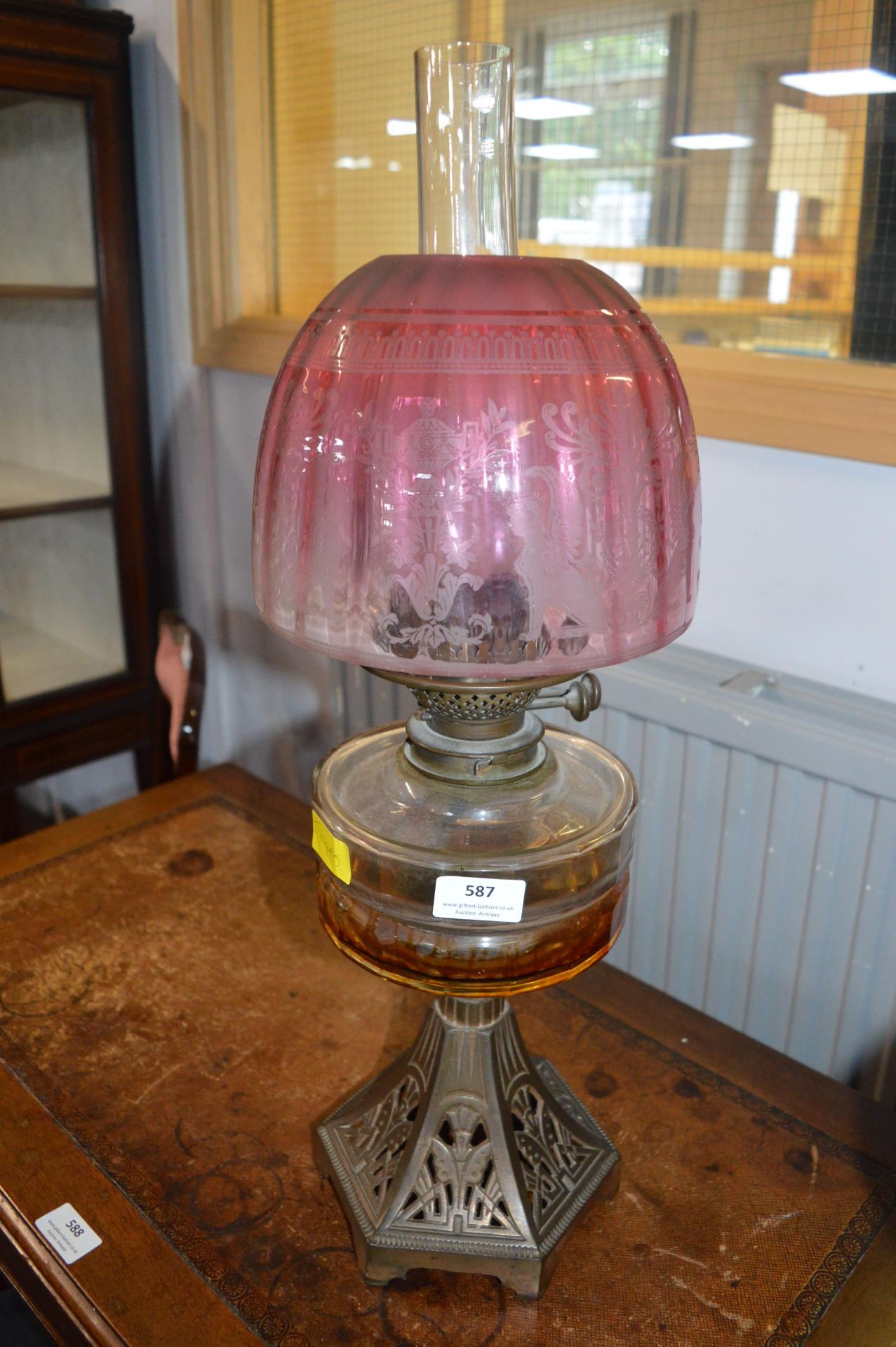 Victorian Oil Lamp with Etched Cranberry Glass Shade - Image 3 of 9