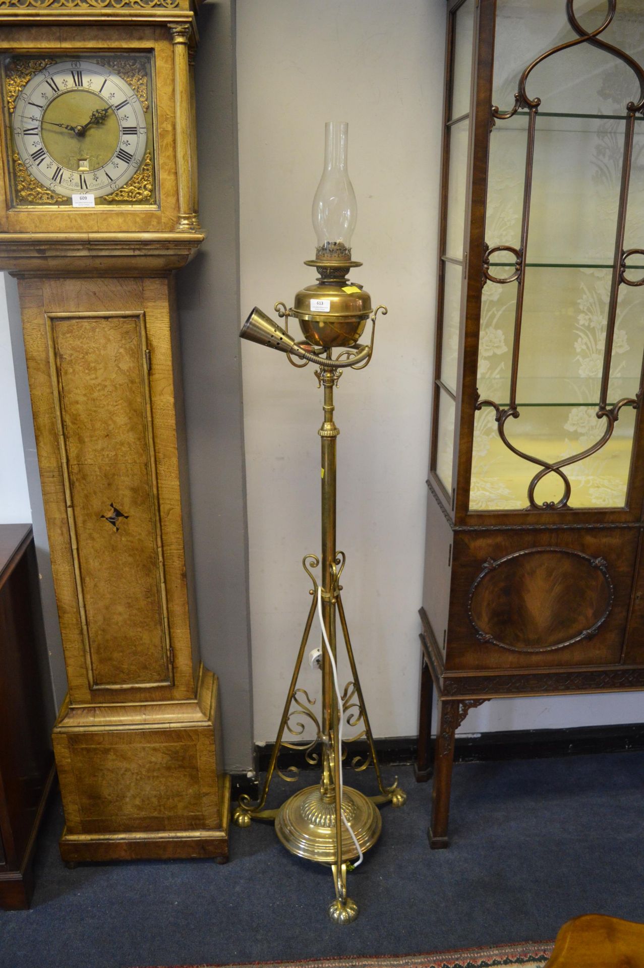 Victorian Brass Standard Lamp with Oil Lamp and Modern Electric Light Attachment - Image 2 of 2