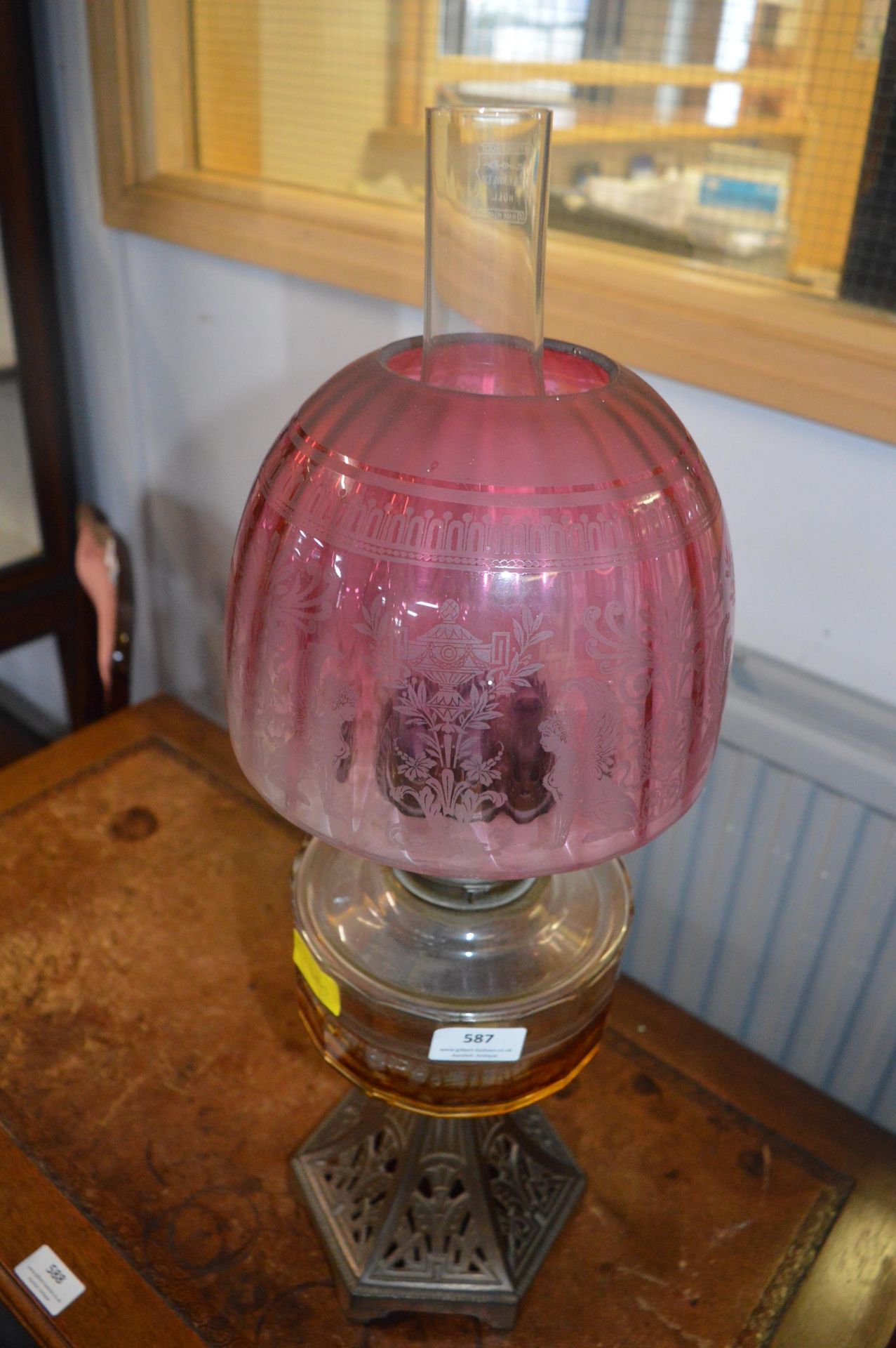 Victorian Oil Lamp with Etched Cranberry Glass Shade - Image 2 of 9