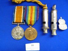 WWI Medal Duo; PTE L.R. Morfitt East Yorkshire Regiment, plus ARP Whistle & Badge