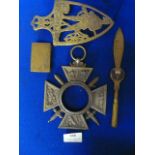 WW1 Commemorative French Frame, Trench Art Paper Knife Ypres, Brass Trivet, 1914 - 1918 Ypres Matchb