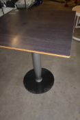 * 4 x modern pedestal restaurant tables with black bases and square tops. 650w x 650d x 670h