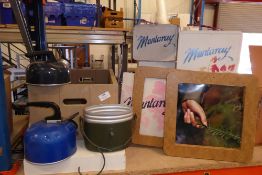 * Crate containing display items: tin boxes, picture frames, kettles etc.