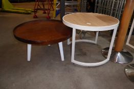 * 2 x low round coffee/display tables - white and dark wood with white bases. 650diameter