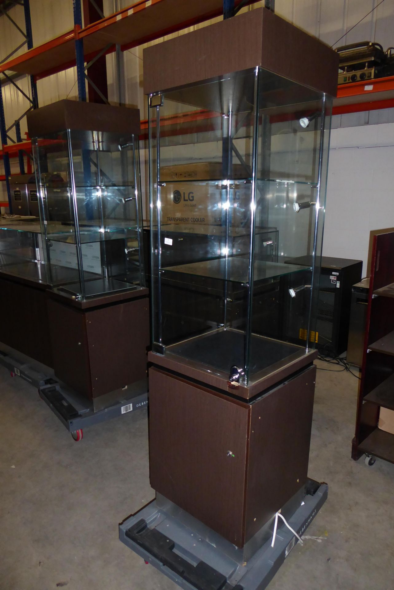 * Tall illuminated glass display cabinet 500 x 500 x 1900 locking with storage beneath and led - Image 3 of 5