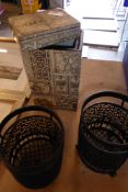 * ornate pottery jar and 2 x wire candle holders