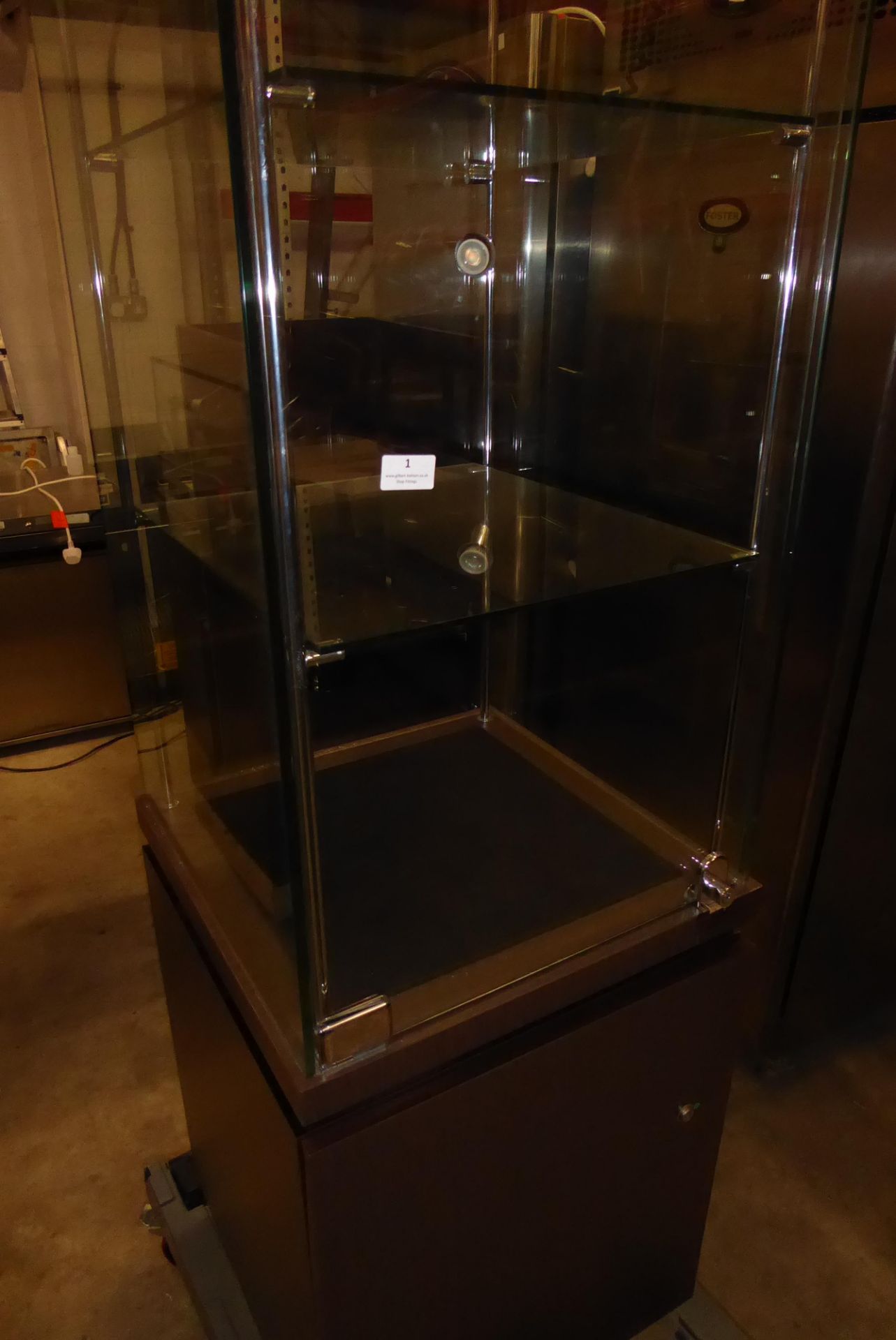 * Tall illuminated glass display cabinet 500 x 500 x 1900 locking with storage beneath and led - Image 5 of 5