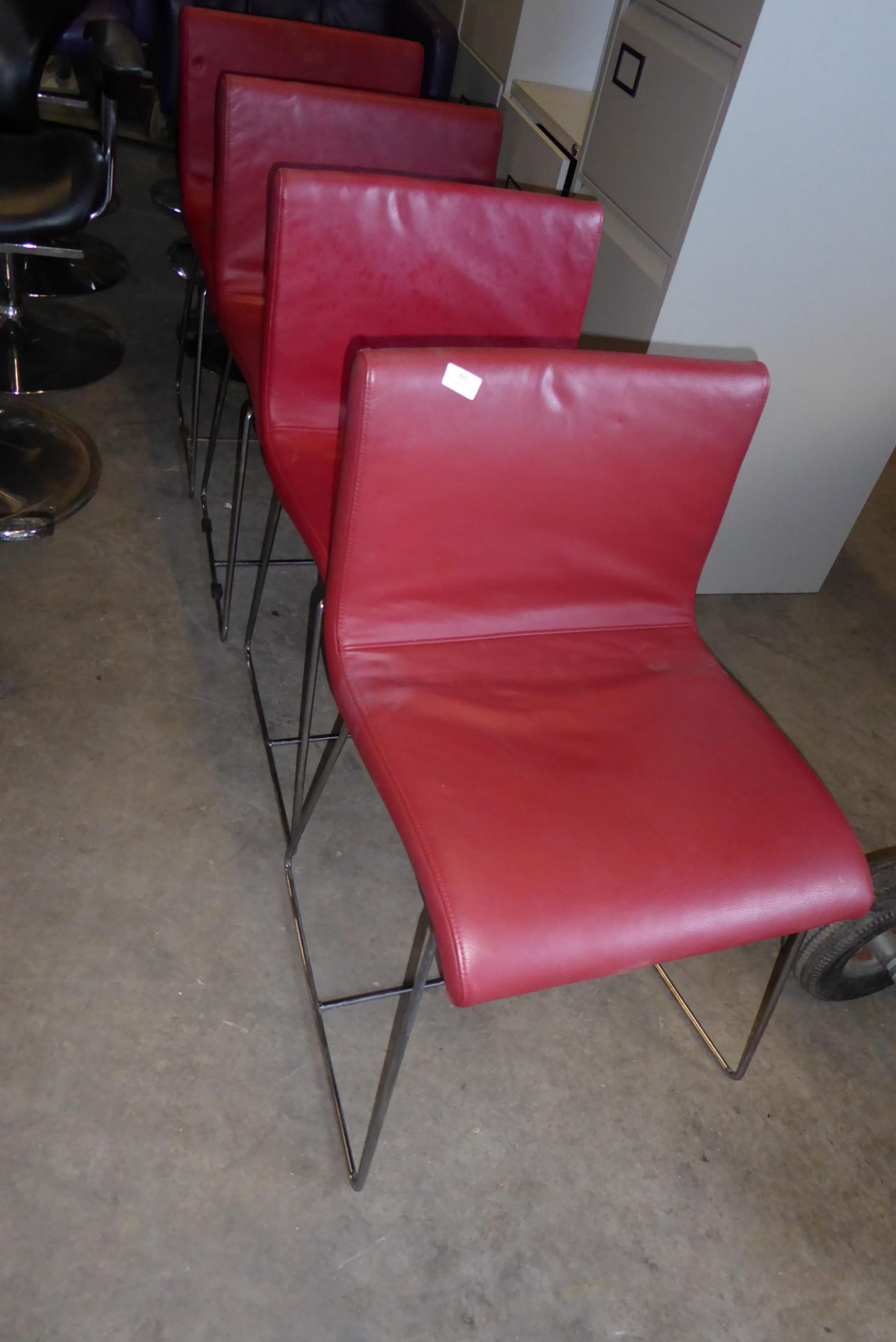 * 4 x chrome framed red upholstered leatherette chairs