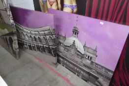 * 2 x large canvas with buildings and purple and grey details. 1200w x 900d