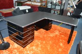 Large Black & Chrome L-Shaped Office Desk with Metal Drawers and Base