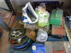 Pallet of Toolboxes, Air Filters, Steering Wheels, First Aid Tin and Fly Wheels