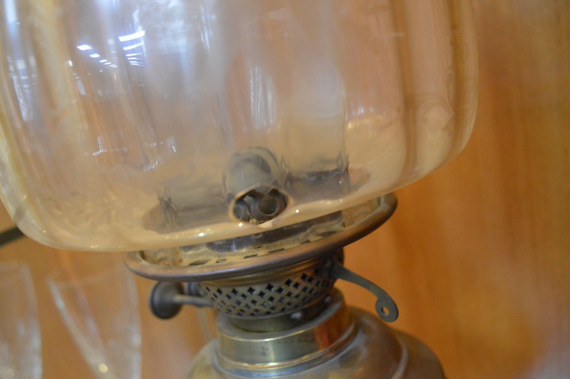 Brass Oil Lamp with Etched Glass Shade - Image 2 of 2