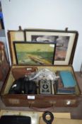 Small Vintage Suitcase and Contents, Biplane Pictu